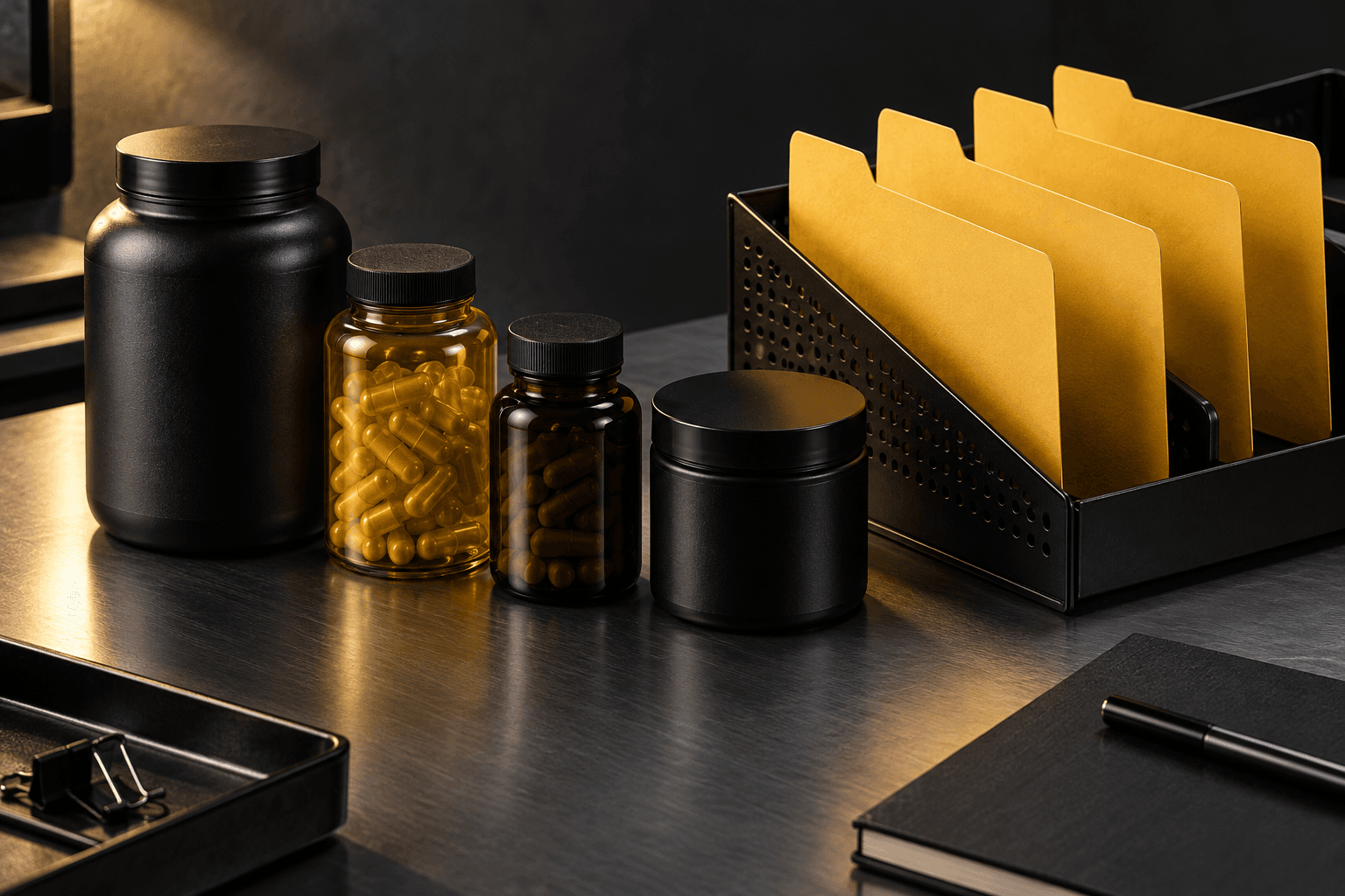 Four generic supplement containers filed beside separate yellow dividers