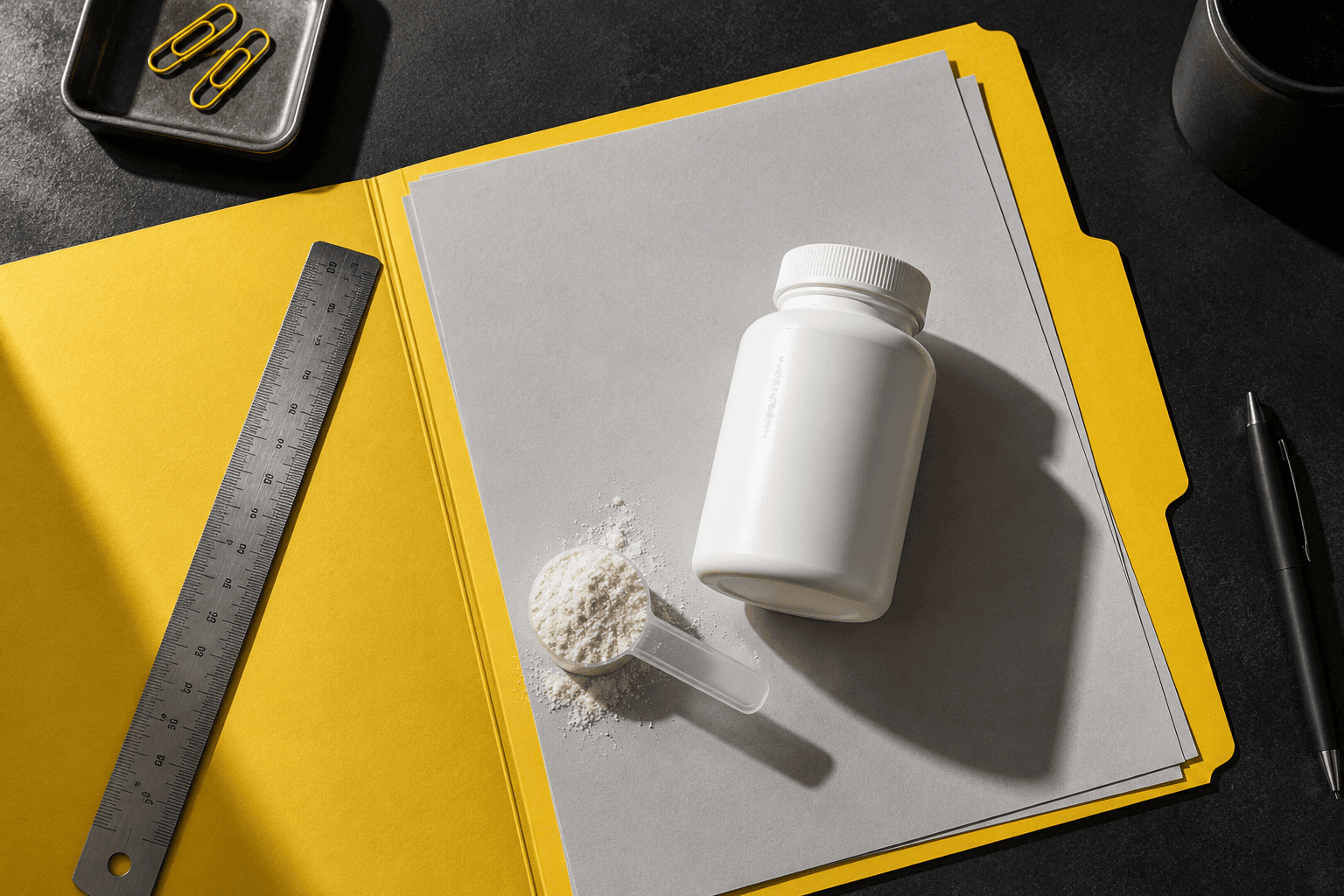 A yellow document folder, blank pages, steel ruler and generic supplement bottle