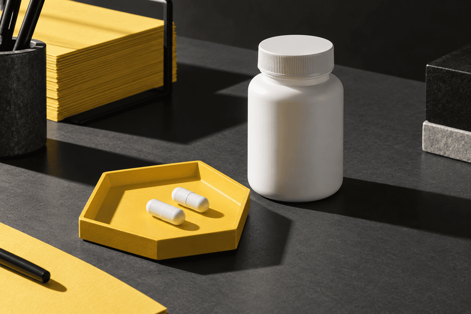 Two generic capsules on a yellow tray beside an unmarked bottle