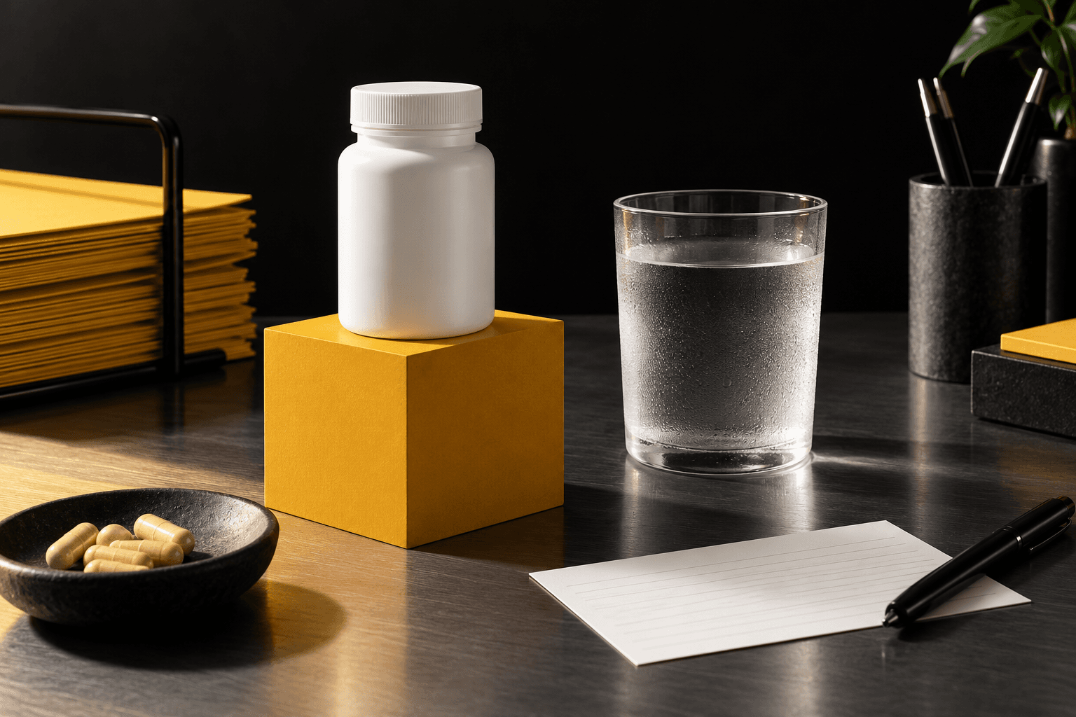 A generic supplement bottle on a yellow block beside a frosted glass of water