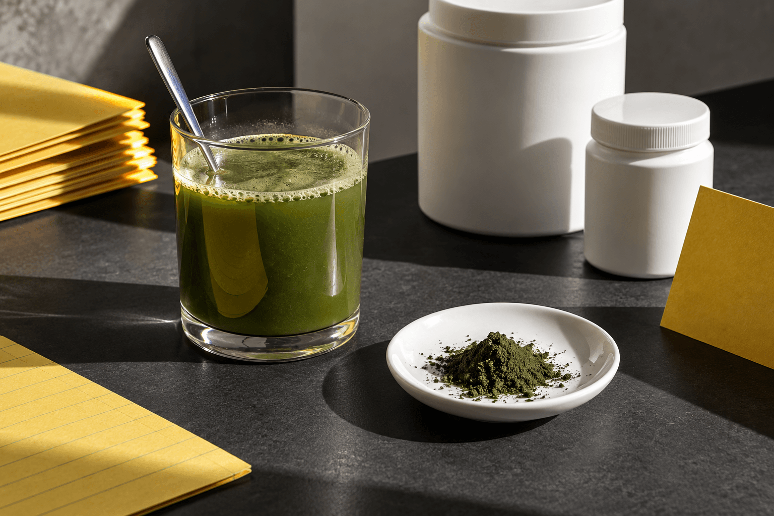 Generic green drink and powder on a graphite desk with yellow cards
