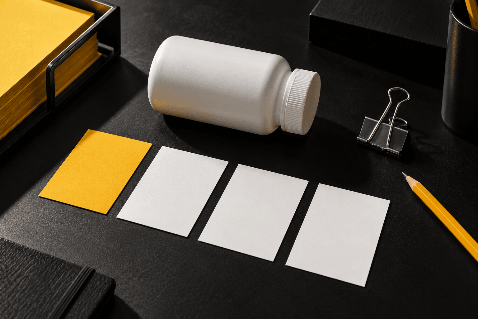 Blank paper cards and an anonymous bottle arranged as an editorial label-reading still life