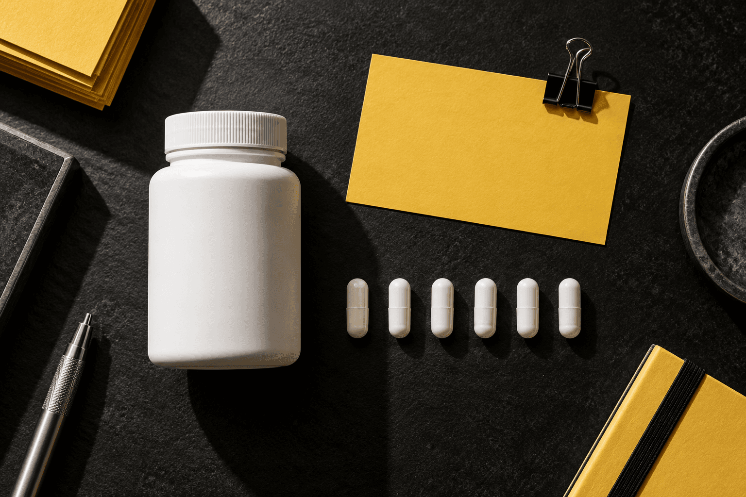 Generic capsule bottle and a line of plain capsules beside a blank yellow index card