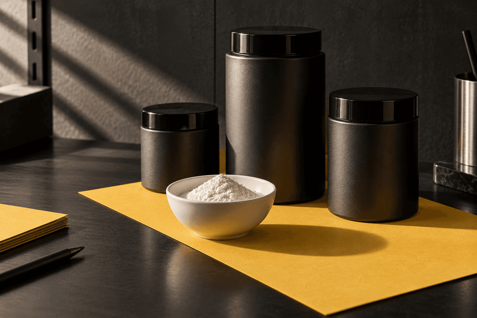 Generic powder in a white bowl with three differently sized containers on yellow paper