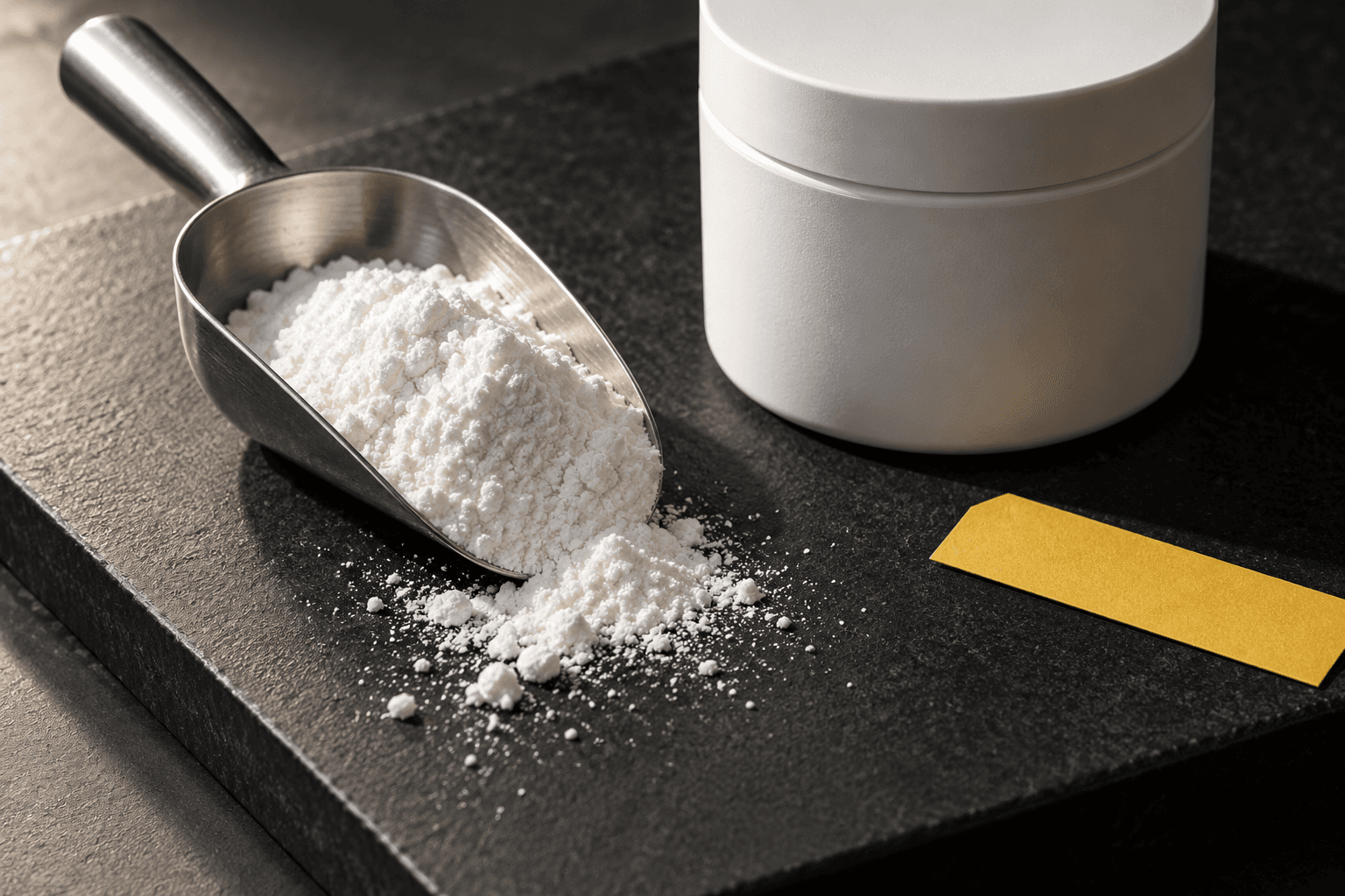 White powder in a steel scoop beside a generic tub and yellow filing tab