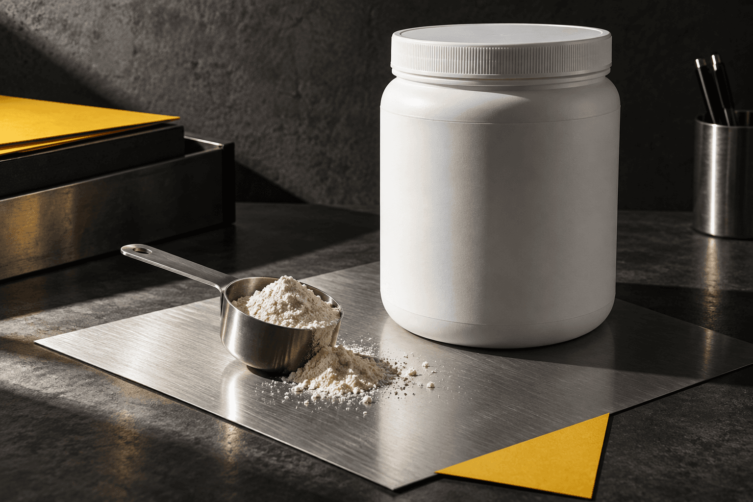 A large generic white powder tub and metal scoop on a pale steel sheet